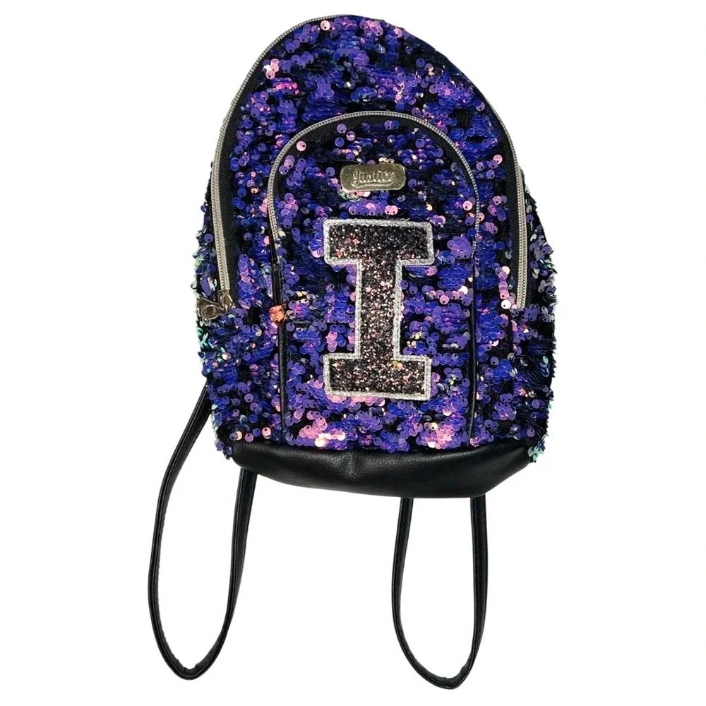 Justice Backpack Girls Purple Pink Black Letter “I” 10 inch Sparkle